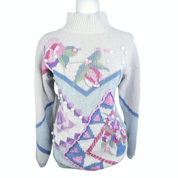 Vintage OVERSIZED Yarnworks Off White Floral Mock Neck Grandma Prairie Sweater - Picture 1 of 6